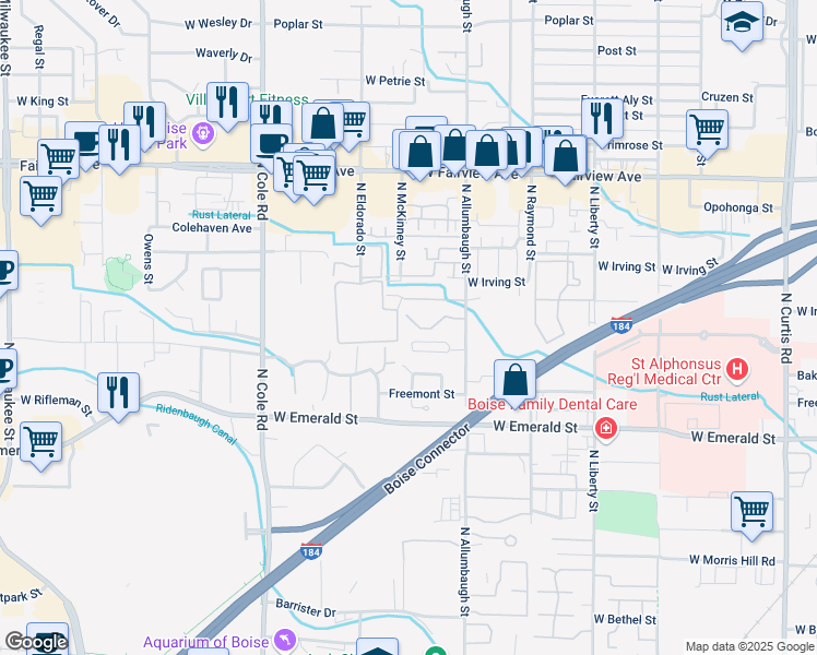 map of restaurants, bars, coffee shops, grocery stores, and more near 6973 West Susan Lane in Boise