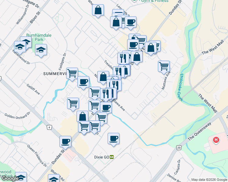 map of restaurants, bars, coffee shops, grocery stores, and more near 1650 Dundas Street East in Mississauga