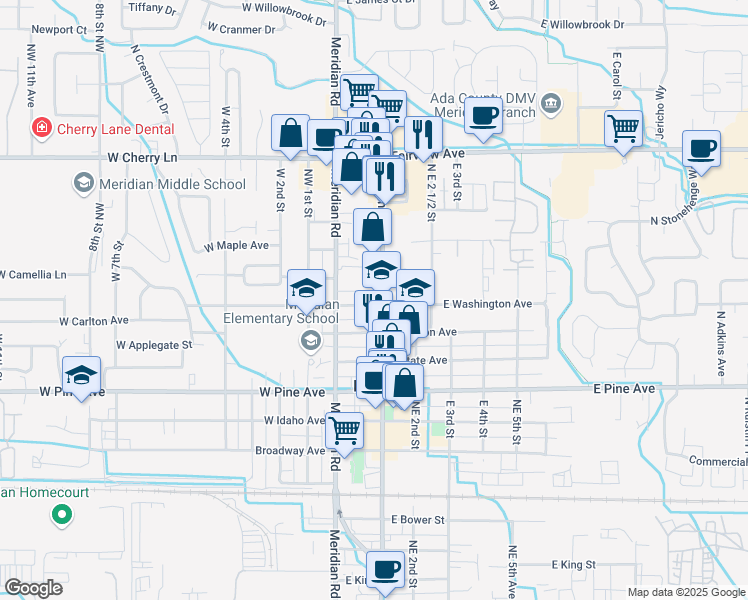 map of restaurants, bars, coffee shops, grocery stores, and more near 1203 North Main Street in Meridian