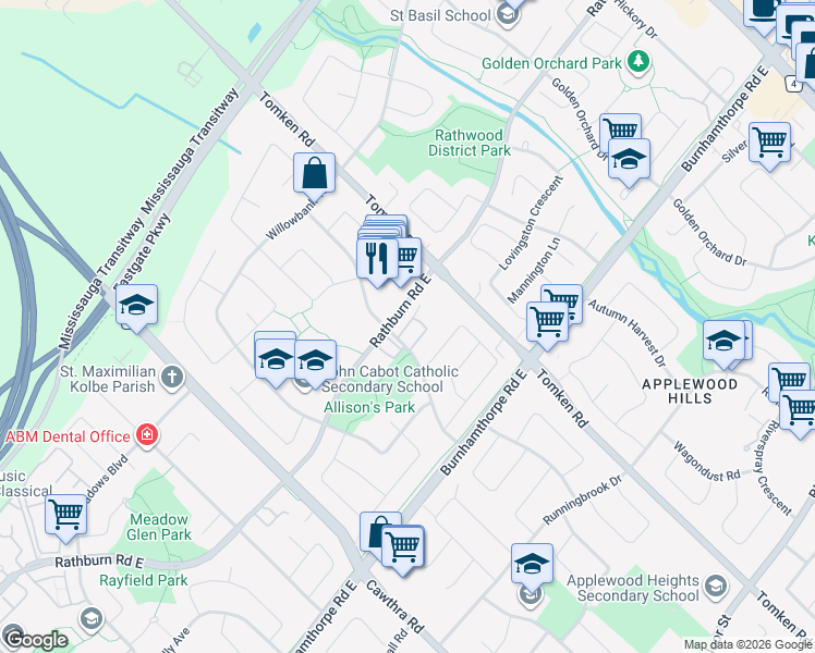 map of restaurants, bars, coffee shops, grocery stores, and more near 4101 Westminster Place in Mississauga