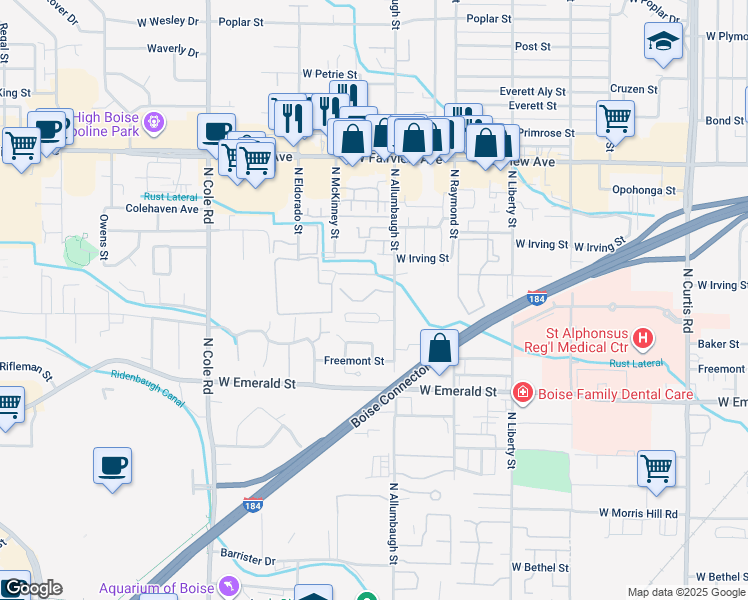 map of restaurants, bars, coffee shops, grocery stores, and more near 6813 West Irving Lane in Boise