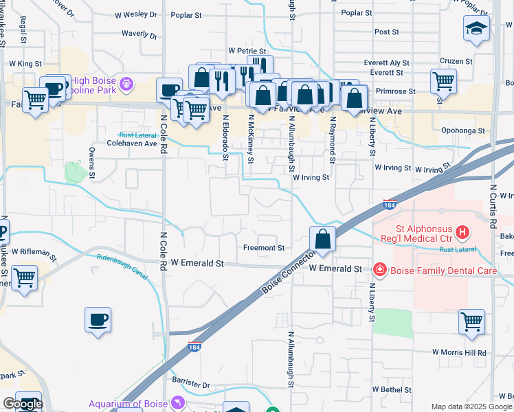 map of restaurants, bars, coffee shops, grocery stores, and more near 6933 West Irving Lane in Boise