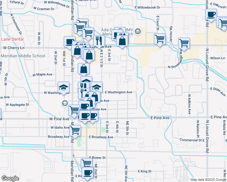 map of restaurants, bars, coffee shops, grocery stores, and more near 1233 East 4th Street in Meridian