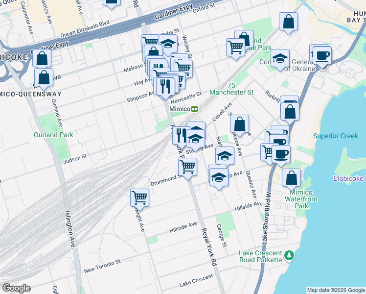 map of restaurants, bars, coffee shops, grocery stores, and more near 291 Royal York Road in Toronto