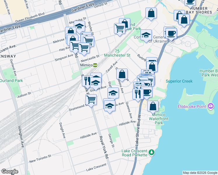 map of restaurants, bars, coffee shops, grocery stores, and more near 48 Station Road in Toronto