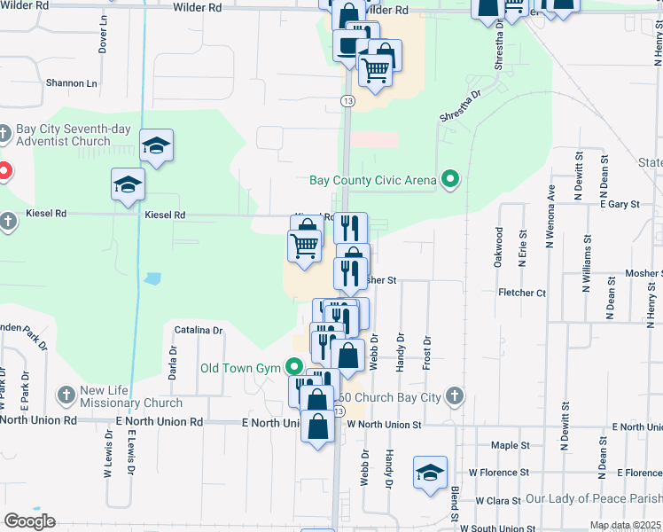 map of restaurants, bars, coffee shops, grocery stores, and more near 1001 North Euclid Avenue in Bay City