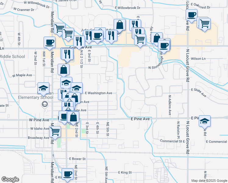 map of restaurants, bars, coffee shops, grocery stores, and more near 600 East Washington Avenue in Meridian