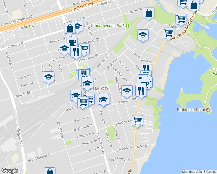map of restaurants, bars, coffee shops, grocery stores, and more near 48 Station Road in Toronto