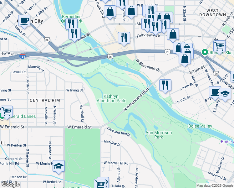 map of restaurants, bars, coffee shops, grocery stores, and more near 1001 South Americana Boulevard in Boise