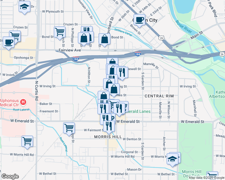 map of restaurants, bars, coffee shops, grocery stores, and more near 4954 Irving St in Boise