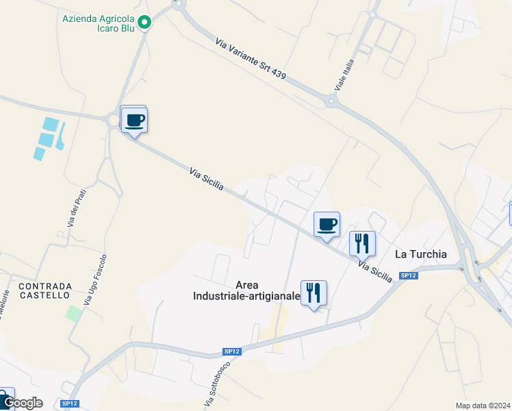 map of restaurants, bars, coffee shops, grocery stores, and more near Via Sicilia in Provincia di Pisa