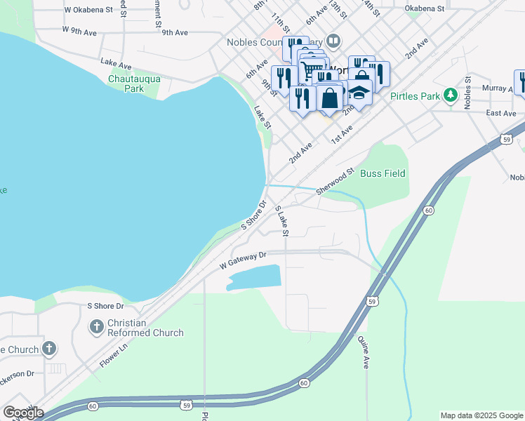 map of restaurants, bars, coffee shops, grocery stores, and more near 515 South Shore Drive in Worthington