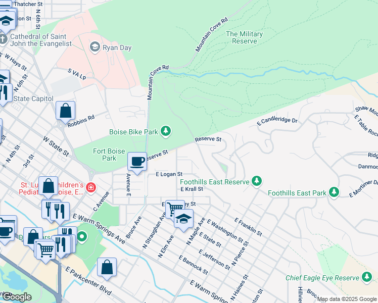 map of restaurants, bars, coffee shops, grocery stores, and more near 909 Reserve Street in Boise