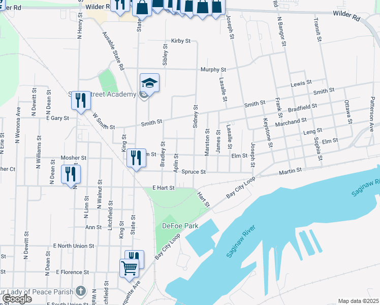 map of restaurants, bars, coffee shops, grocery stores, and more near 304 East Jeanette Street in Bay City