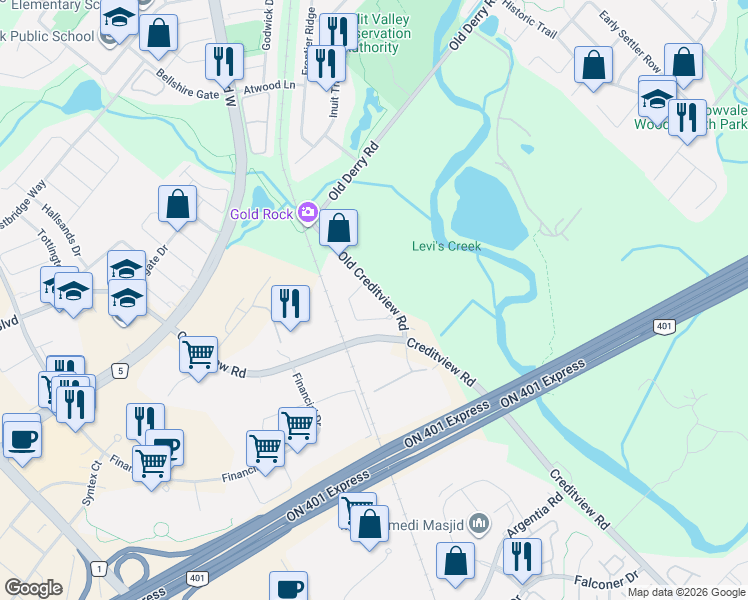 map of restaurants, bars, coffee shops, grocery stores, and more near 6892 Old Creditview Road in Mississauga