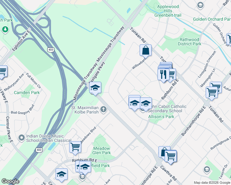 map of restaurants, bars, coffee shops, grocery stores, and more near 764 Willowbank Trail in Mississauga