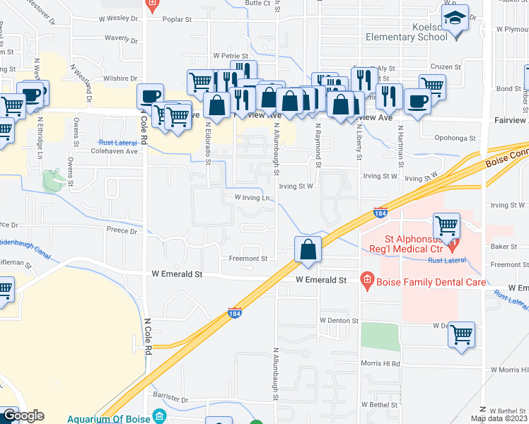 map of restaurants, bars, coffee shops, grocery stores, and more near 6849 West Susan Lane in Boise