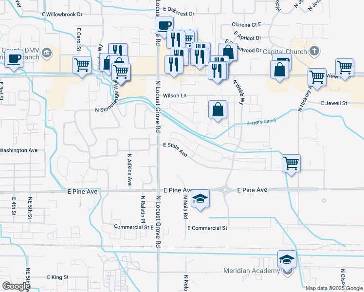 map of restaurants, bars, coffee shops, grocery stores, and more near 1160 North Locust Grove Road in Meridian