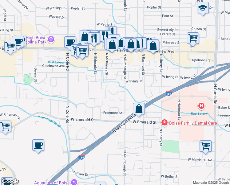 map of restaurants, bars, coffee shops, grocery stores, and more near 6912 West Susan Lane in Boise