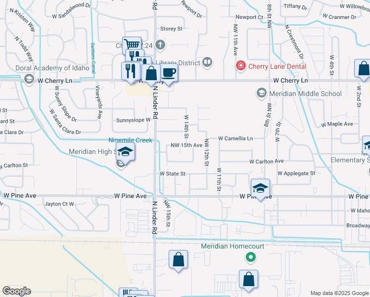 map of restaurants, bars, coffee shops, grocery stores, and more near 1401 Washington Street in Meridian
