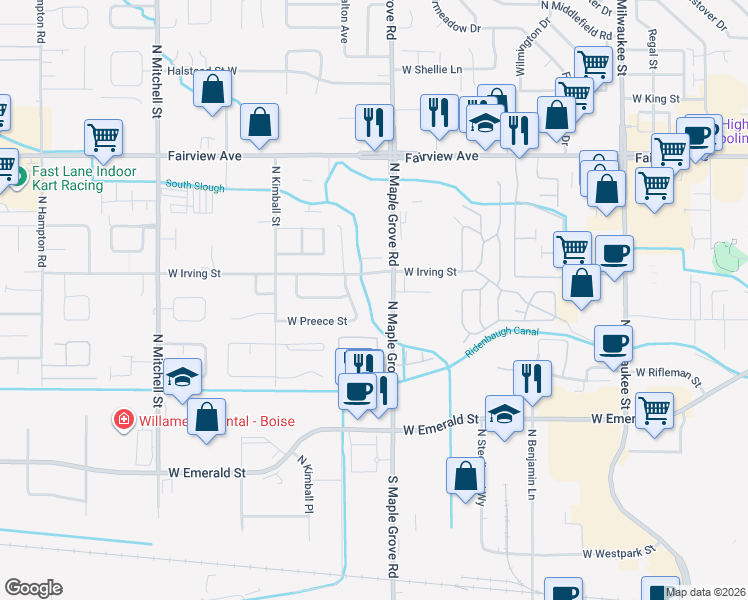 map of restaurants, bars, coffee shops, grocery stores, and more near 9045 West Irving Street in Boise