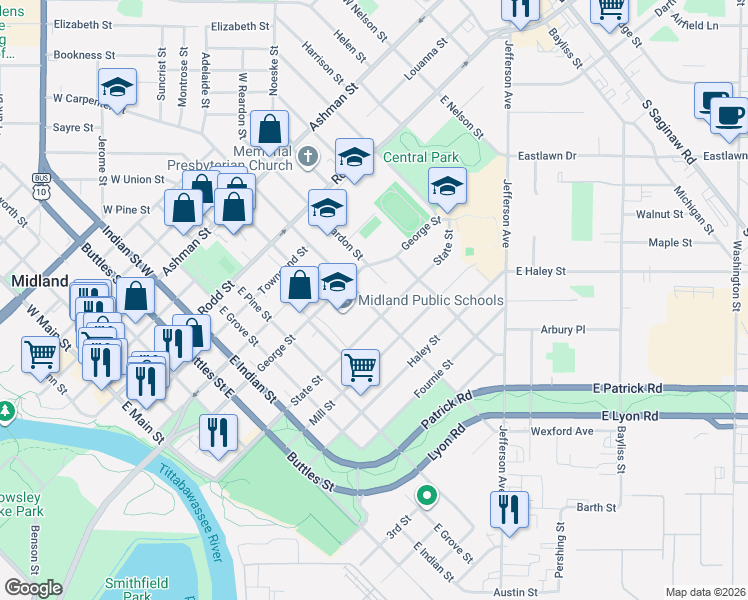 map of restaurants, bars, coffee shops, grocery stores, and more near 618 Reardon Court in Midland