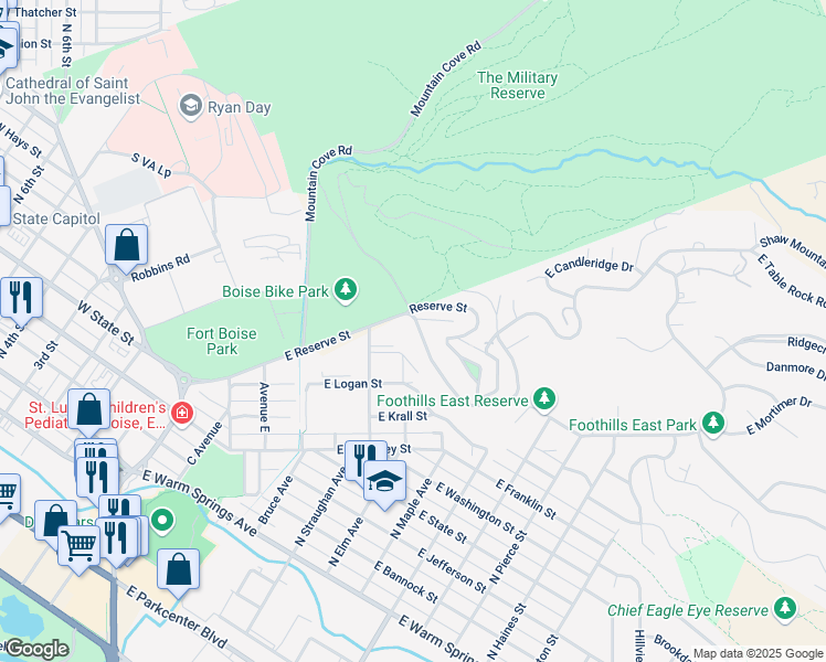 map of restaurants, bars, coffee shops, grocery stores, and more near 909 Reserve Street in Boise