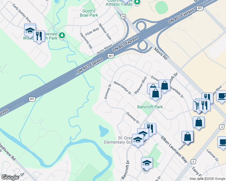 map of restaurants, bars, coffee shops, grocery stores, and more near 6386 Ormindale Way in Mississauga