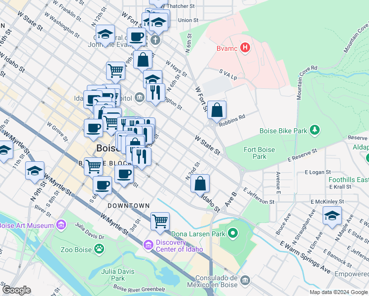 map of restaurants, bars, coffee shops, grocery stores, and more near 325 West State Street in Boise