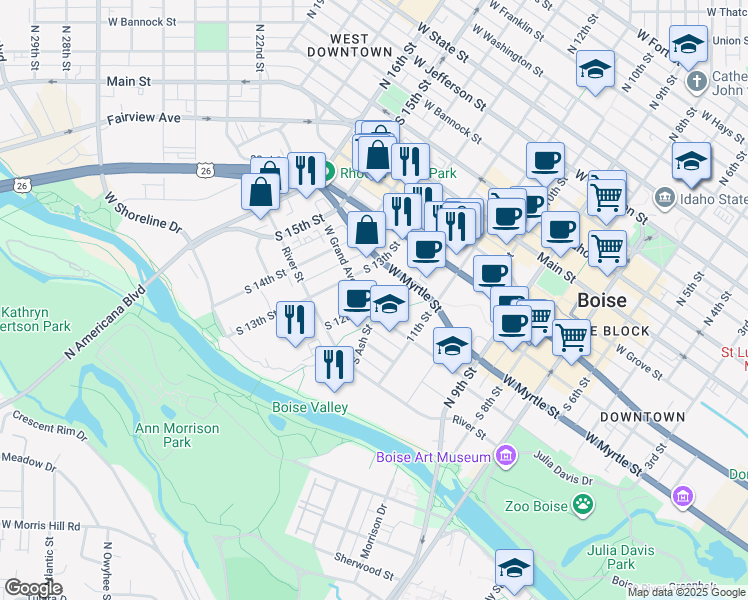 map of restaurants, bars, coffee shops, grocery stores, and more near 412 South 13th Street in Boise