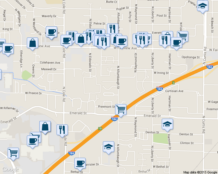 map of restaurants, bars, coffee shops, grocery stores, and more near 6933 West Irving Lane in Boise