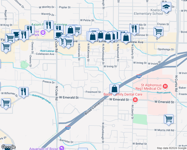 map of restaurants, bars, coffee shops, grocery stores, and more near 6933 West Irving Lane in Boise