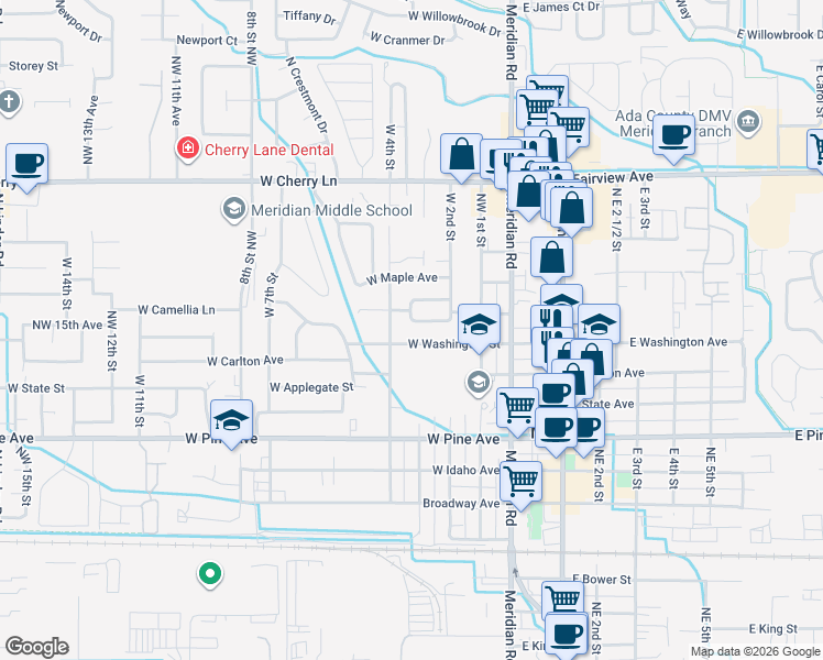 map of restaurants, bars, coffee shops, grocery stores, and more near in Meridian