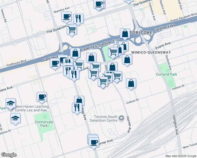 map of restaurants, bars, coffee shops, grocery stores, and more near 329 Evans Avenue in Toronto