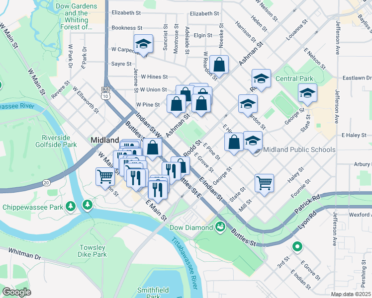 map of restaurants, bars, coffee shops, grocery stores, and more near in Midland