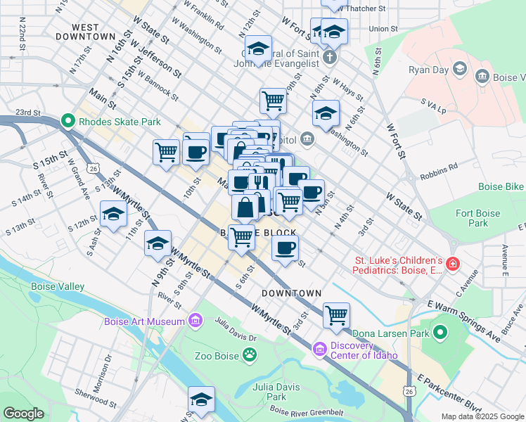 map of restaurants, bars, coffee shops, grocery stores, and more near 101 South Capitol Boulevard in Boise