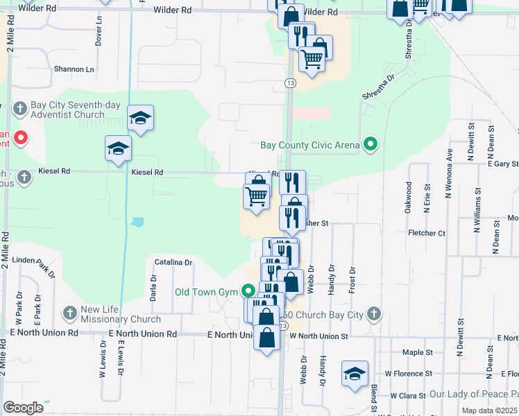 map of restaurants, bars, coffee shops, grocery stores, and more near 1001 North Euclid Avenue in Bay City