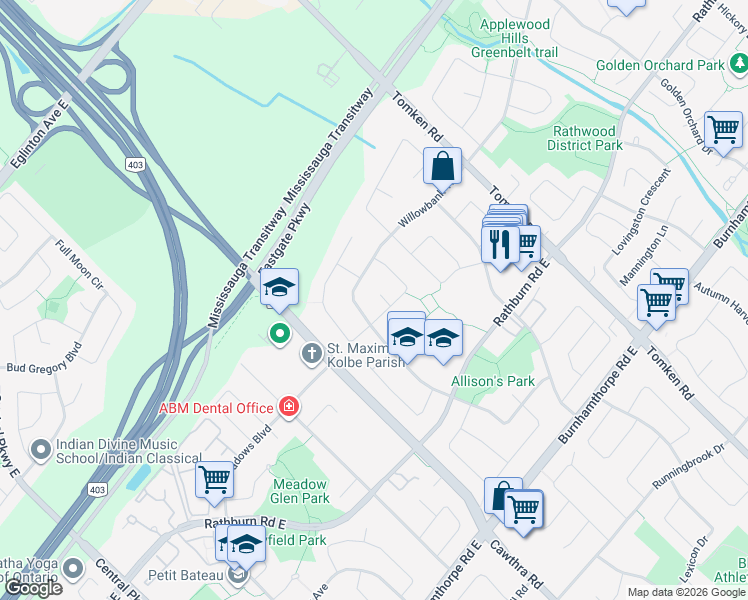 map of restaurants, bars, coffee shops, grocery stores, and more near 4260 Camaro Court in Mississauga