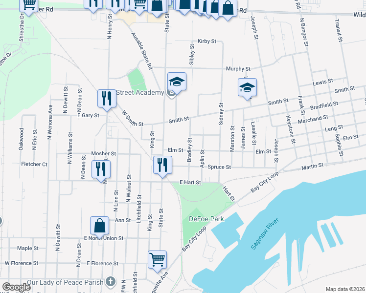 map of restaurants, bars, coffee shops, grocery stores, and more near 100 Smith Street in Bay City