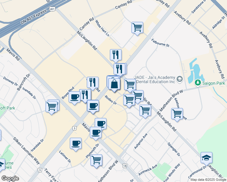 map of restaurants, bars, coffee shops, grocery stores, and more near 5985 Rodeo Drive in Mississauga