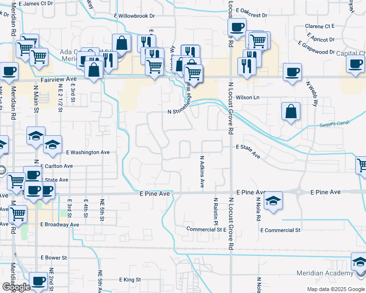 map of restaurants, bars, coffee shops, grocery stores, and more near 1242 North Penrith Avenue in Meridian
