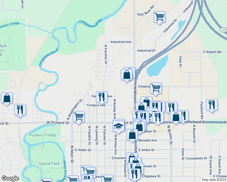 map of restaurants, bars, coffee shops, grocery stores, and more near 1301 North Kinney Avenue in Mount Pleasant