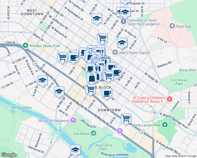 map of restaurants, bars, coffee shops, grocery stores, and more near 700 Main Street in Boise