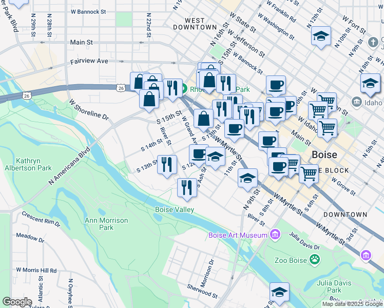 map of restaurants, bars, coffee shops, grocery stores, and more near 1249 West Grand Avenue in Boise