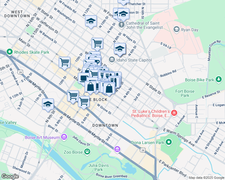 map of restaurants, bars, coffee shops, grocery stores, and more near 512 West Idaho Street in Boise