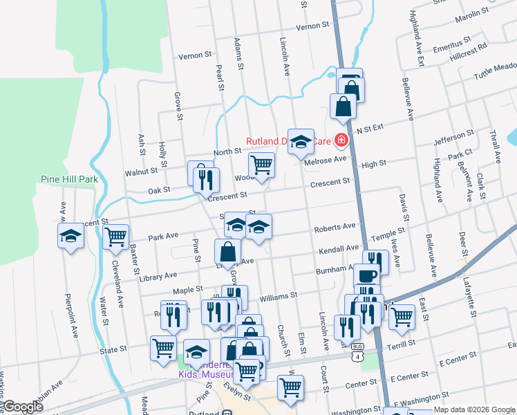 map of restaurants, bars, coffee shops, grocery stores, and more near 113 Church Street in Rutland