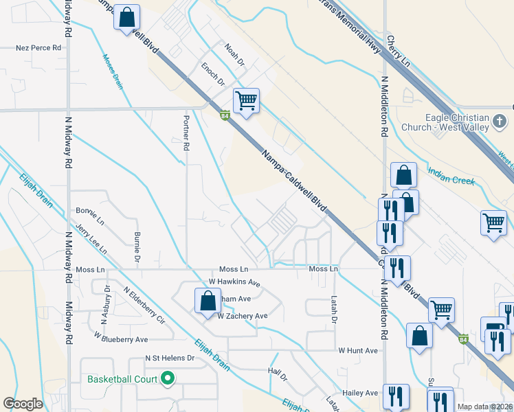 map of restaurants, bars, coffee shops, grocery stores, and more near 16732 North Pamelas Court in Nampa
