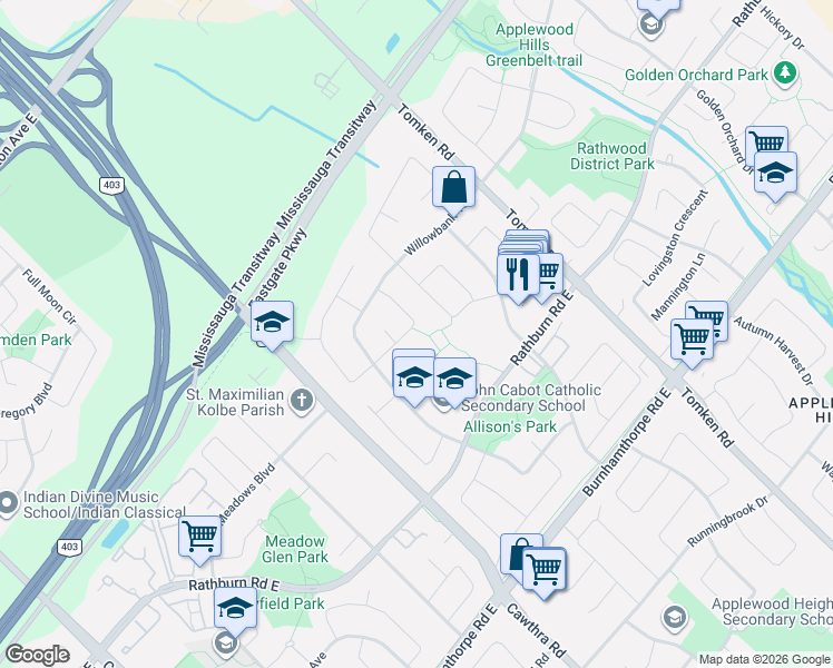 map of restaurants, bars, coffee shops, grocery stores, and more near 4164 Forest Fire Crescent in Mississauga
