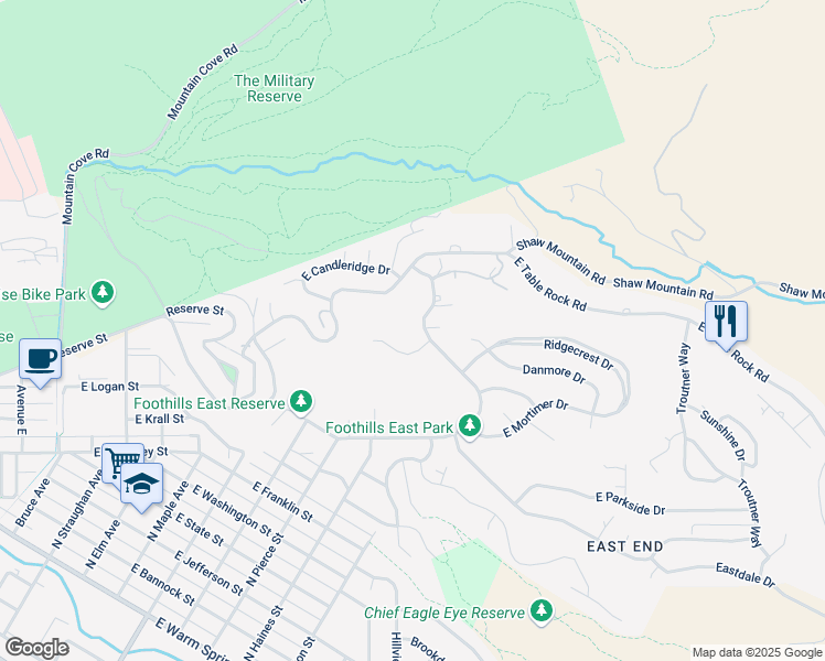 map of restaurants, bars, coffee shops, grocery stores, and more near 1534 Shenandoah Drive in Boise