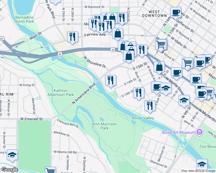 map of restaurants, bars, coffee shops, grocery stores, and more near 1471 Shoreline Drive in Boise